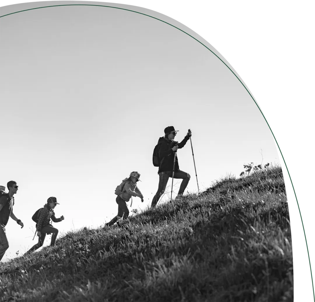 Vier Wanderer besteigen einen steilen Berg.