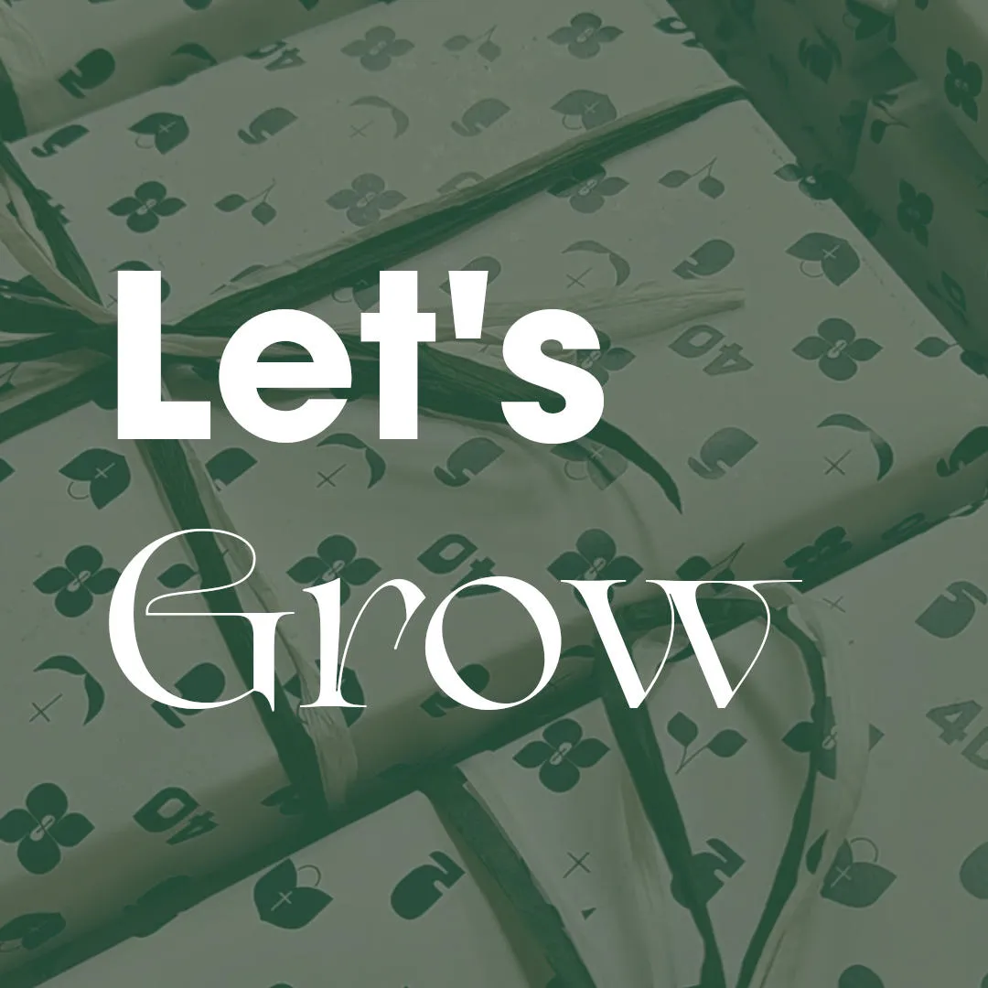 „Let’s Grow“ – Schriftzug über eingepackten Starterpaketen